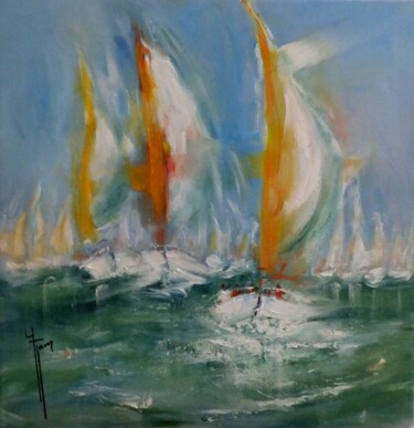 Voiliers orange et blanc Peinture intitulée "Voiliers orange et…" par Yveline Javer, Œuvre d'art originale, Huile