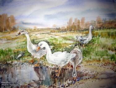 Painting titled "Пізня осінь. Гуси" by Volodimir Kudlai, Original Artwork, Watercolor