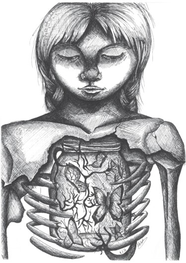 图画 标题为“Deepest fear” 由Heba Saleh Mendelson, 原创艺术品, 墨 安装在纸板上