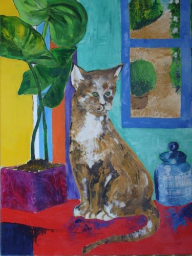 Peinture intitulée "Chat dans la cuisine" par Nadege Frazié, Œuvre d'art originale