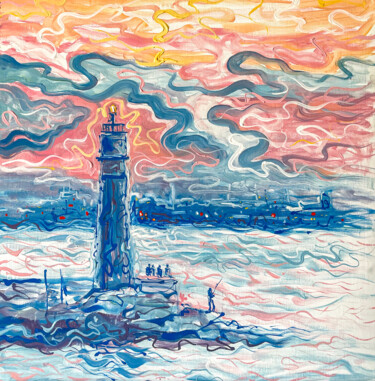 Friends Zone.Light House. Oil seascape Pittura intitolato "Friends Zone.Light…" da Asvano Anastasiia Ivanova, Opera d'arte originale, Olio Montato su Cartone