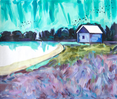 White pond Painting titled "White pond" by Yuliya Kachan, Original Artwork, Oil Mounted on Wood Stretcher frame