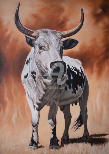 Painting titled "Nguni" by Ilse Kleyn Jordaan, Original Artwork, Oil