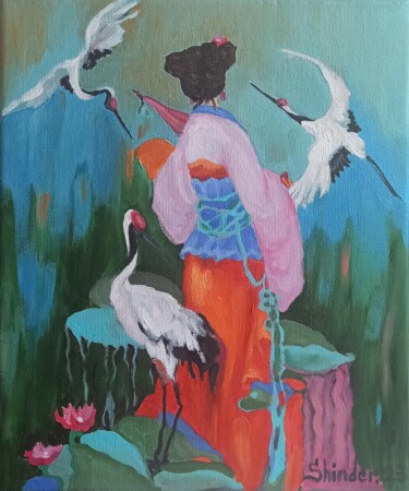 Japan Painting Woman Portrait Original Crane Artwork Lana Schilderij getiteld "Japan Painting Woma…" door Svetlana Sindere, Origineel Kunstwerk, Olie Gemonteerd op Frame voor houten…