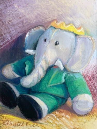 La peluche de l'éléphant roi habillé de vert 「La peluche de l'élé…」というタイトルの描画 Christel Fréonによって, オリジナルのアートワーク, パステル 段ボールにマウント