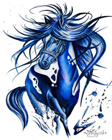Blue running beautiful horse painting print IrinJoyArt Painting titled "Blue running beauti…" by Irinjoyart, Original Artwork, Watercolor