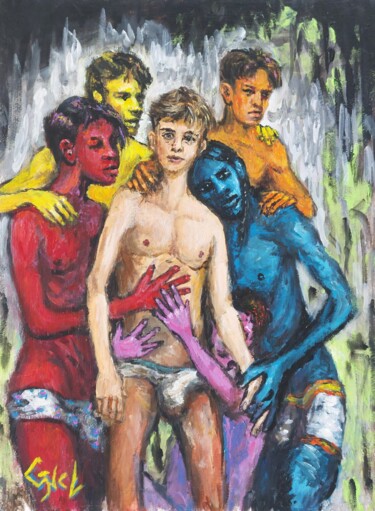 Colorful boys Painting titled "Colorful boys" by Giorgos Nicolaou (Gncl), Original Artwork, Acrylic Mounted on Cardboard