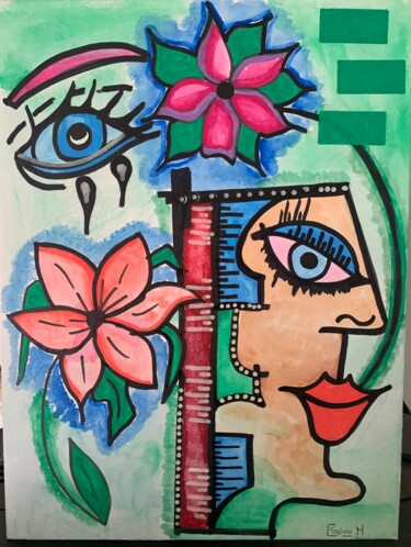 Tableau moderne, inspiration cubisme .Visage abstrait 绘画 标题为“Tableau moderne, in…” 由Sylvie Mercadier Cougoule, 原创艺术品, 丙烯