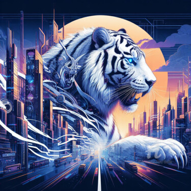 La lune du tigre blanc Arts numériques intitulée "La lune du tigre bl…" par Tsuiho, Œuvre d'art originale, Image générée par l'IA