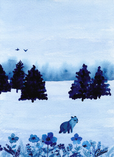 Malerei mit dem Titel "Le renard bleu" von Christelle Lachambre, Original-Kunstwerk, Aquarell