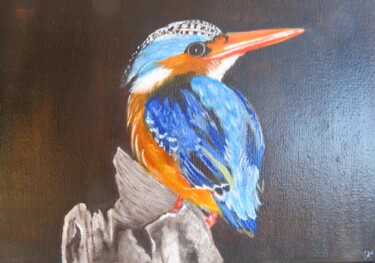 Painting titled "Bébé martin pêcheur" by Françoise Tsoukas, Original Artwork, Oil