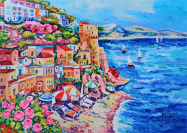 Pittura intitolato "Summer day - Cetara…" da Alfredo Grimaldi, Opera d'arte originale, Olio Montato su Telaio per barella in…