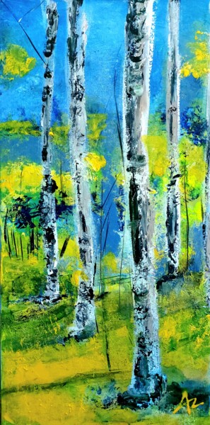 Painting titled "Les bouleaux dans l…" by Laurence Ansiaux, Original Artwork, Acrylic Mounted on Wood Stretcher frame