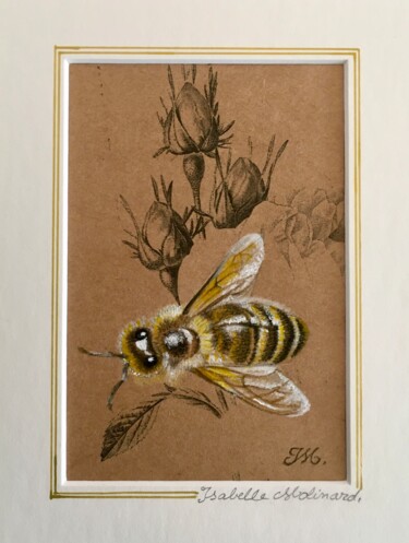 Painting titled "Abeille-rose 2" by Isabelle Molinard, Original Artwork, Watercolor