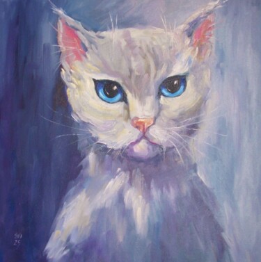 Angora cat Original Oil Painting Canvas 20x20 inches 绘画 标题为“Angora cat Original…” 由Elena Ivanova, 原创艺术品, 油 安装在木质担架架上