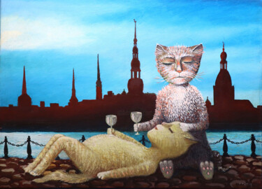 「Love in the City」というタイトルの絵画 Rakhmet Redzhepovによって, オリジナルのアートワーク, オイル ウッドストレッチャーフレームにマウント