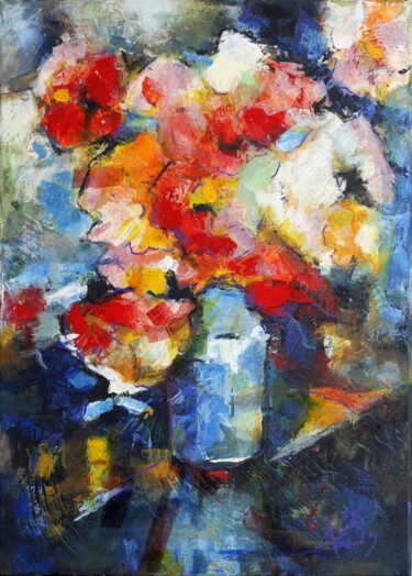 绘画 标题为“VASE FULL OF FLOWER…” 由Ľubomír Korenko, 原创艺术品, 丙烯 安装在木质担架架上