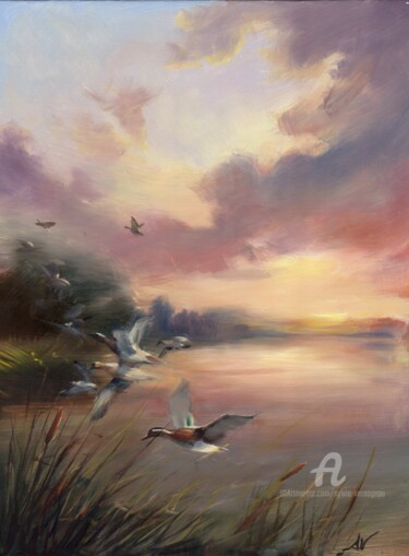 Peinture intitulée "Envol de sarcelles" par Sylvie Vernageau, Œuvre d'art originale, Huile