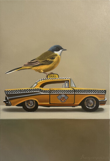 STILL LIFE WITH BIRD AND TAXI 1957 CHEVROLET 绘画 标题为“STILL LIFE WITH BIR…” 由Ara Gasparyan, 原创艺术品, 油 安装在木质担架架上