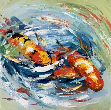 Koi fish in the pond (2) 绘画 标题为“Koi fish in the pon…” 由Vita Schagen, 原创艺术品, 油 安装在纸板上