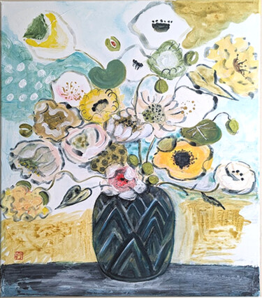 "fleurs au vase art…" başlıklı Tablo Ayako Guerin tarafından, Orijinal sanat, Akrilik Ahşap Sedye çerçevesi üzerine monte ed…