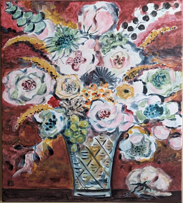 Painting titled "Grand bouquet dans…" by Ayako Guerin, Original Artwork, Acrylic Mounted on Wood Stretcher frame