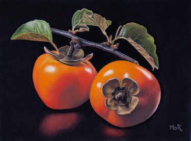 Schilderij getiteld "Two Persimmons on a…" door Dietrich Moravec, Origineel Kunstwerk, Pastel