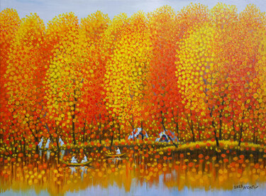 绘画 标题为“Autumn by the Lake” 由Chi Nguyen, 原创艺术品, 丙烯 安装在木质担架架上