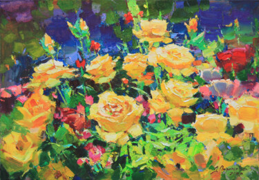 제목이 "Yellow roses"인 미술작품 Alisa Onipchenko-Cherniakovska로, 원작, 기름 나무 들것 프레임에 장착됨