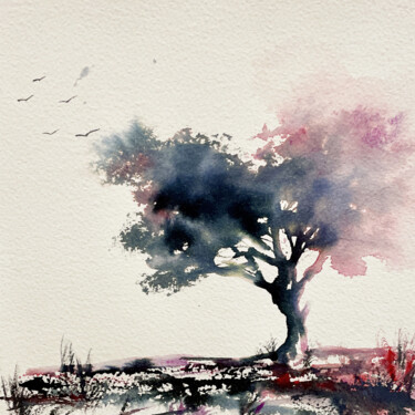 Peinture intitulée "Arbre, Série: rouge…" par Nathalie Babolat, Œuvre d'art originale, Aquarelle Monté sur Carton