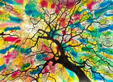 Schilderij getiteld "Au pied de l'arbre" door Jean Marc Collombat, Origineel Kunstwerk, Aquarel