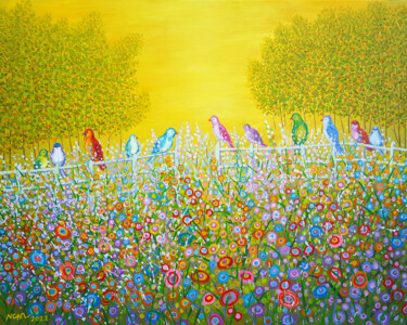 Birds in the flower garden Peinture intitulée "Birds in the flower…" par Chi Nguyen, Œuvre d'art originale, Acrylique