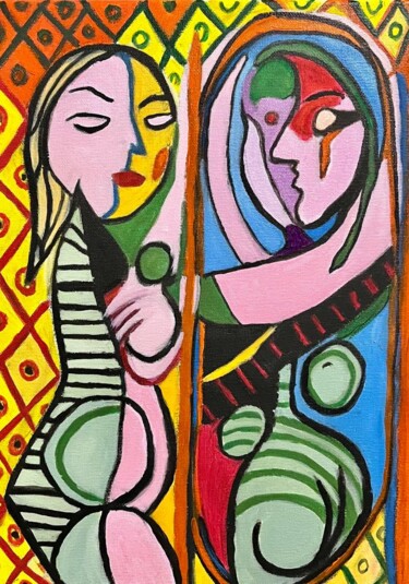 Painting titled "Ragazza davanti all…" by Laura Vila Leoni, Original Artwork, Oil Mounted on Wood Stretcher frame