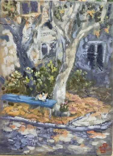 绘画 标题为“Cat on a blue bench” 由Anna Berlinskaia, 原创艺术品, 油