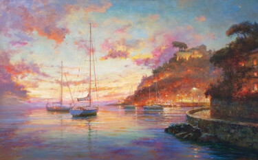 Yachts near the seaside town. Schilderij getiteld "Yachts near the sea…" door Lara Vald, Origineel Kunstwerk, Olie Gemonteerd op Frame voor houten brancard