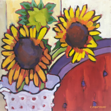 Sunflower Love Schilderij getiteld "Sunflower Love" door Catherine J. Martzloff, Origineel Kunstwerk, Olie Gemonteerd op Frame voor houten…