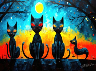 Cats At 3 AM - Black Cats In The Moonlight Artes digitais intitulada "Cats At 3 AM - Blac…" por Sykart Designs, Obras de arte originais, Imagem gerada por IA
