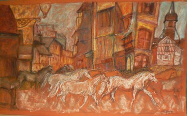 Les traversées honfleuraises-les chevaux blancs Dessin intitulée "Les traversées honf…" par Anna Langowski, Œuvre d'art originale, Pastel