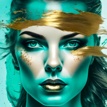 数字艺术 标题为“Splashn'Gold & Turq…” 由Ninn, 原创艺术品, AI生成的图像