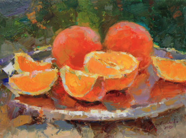 Oranges on green 绘画 标题为“Oranges on green” 由Alisa Onipchenko-Cherniakovska, 原创艺术品, 油 安装在其他刚性面板上