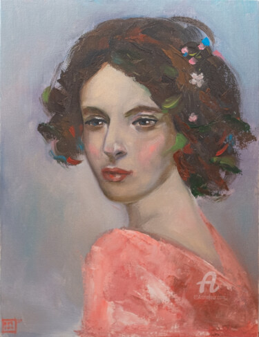 Romantic portrait of a woman/ "Cloud Mademoiselle" 2021 제목이 "Romantic portrait o…"인 미술작품 Nastya Prairie로, 원작, 기름