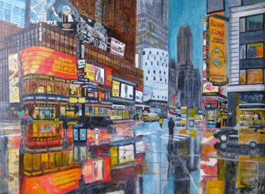 Painting titled "RAINY NIGHT ON BROA…" by David Sankey, Original Artwork, Oil