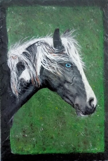 绘画 标题为“Le cheval aux yeux…” 由Alain Favé, 原创艺术品, 丙烯 安装在石上