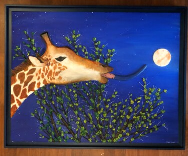 绘画 标题为“Girafe au clair de…” 由Frank Guillard, 原创艺术品, 油 安装在木质担架架上