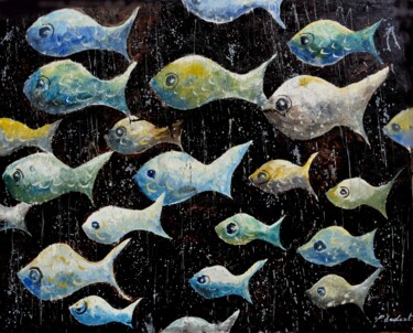 「Fish band on the run」というタイトルの絵画 Pol Ledentによって, オリジナルのアートワーク, オイル ウッドストレッチャーフレームにマウント