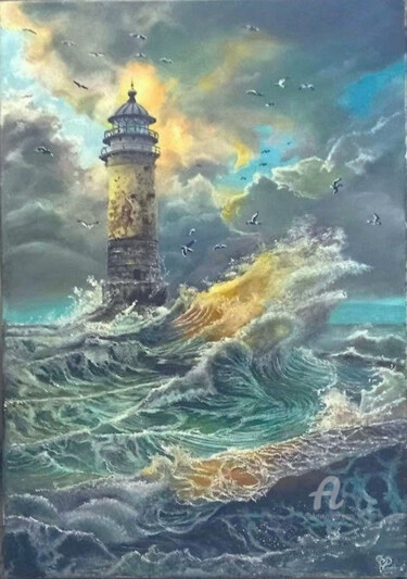 Peinture intitulée "Phare au large de l…" par Gérard Pinel, Œuvre d'art originale, Huile