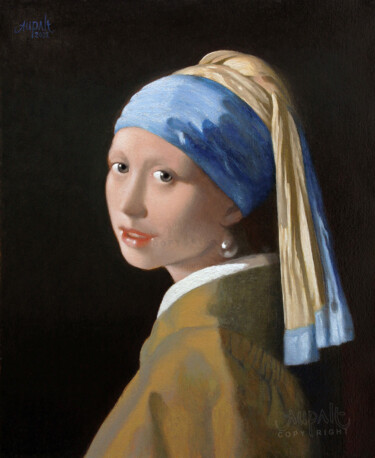 4318, fille perle, inspiré de VERMEER Painting titled "4318, fille perle,…" by Aupalt, Original Artwork, Oil Mounted on Wood Stretcher frame