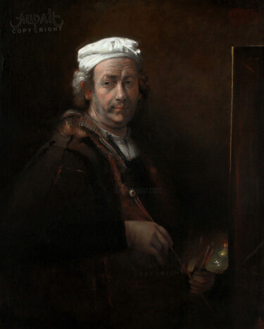 4597, portrait à la palette, inspiré de REMBRANDT Painting titled "4597, portrait à la…" by Aupalt, Original Artwork, Oil Mounted on Wood Stretcher frame