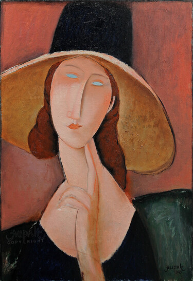 4489, jeanne au grand chapeau, inspiré de MODIGLIANI Peinture intitulée "4489, jeanne au gra…" par Aupalt, Œuvre d'art originale, Huile Monté sur Châssis en bois