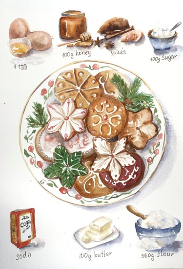 绘画 标题为“Gingerbread cookies” 由Daria Kamishanova, 原创艺术品, 水彩